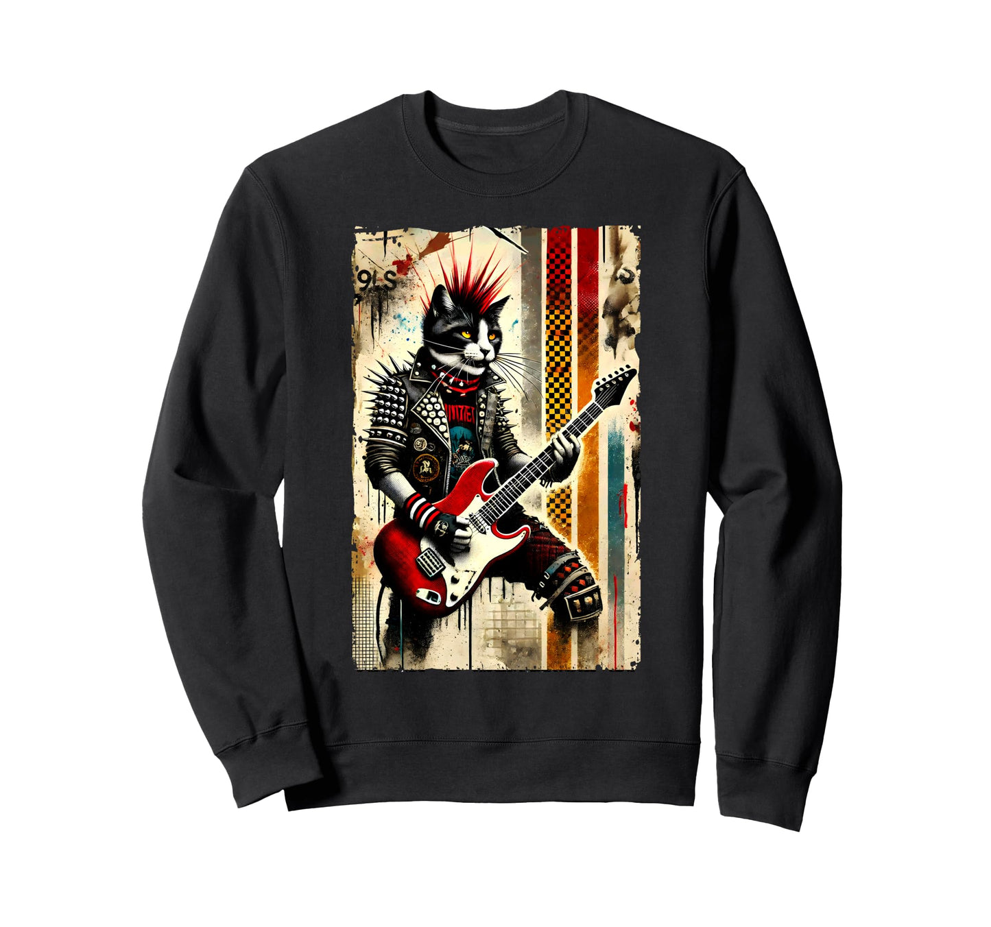 Distressed Cat Playing Guitar Sweatshirt - Fun Novelty Design for Adults