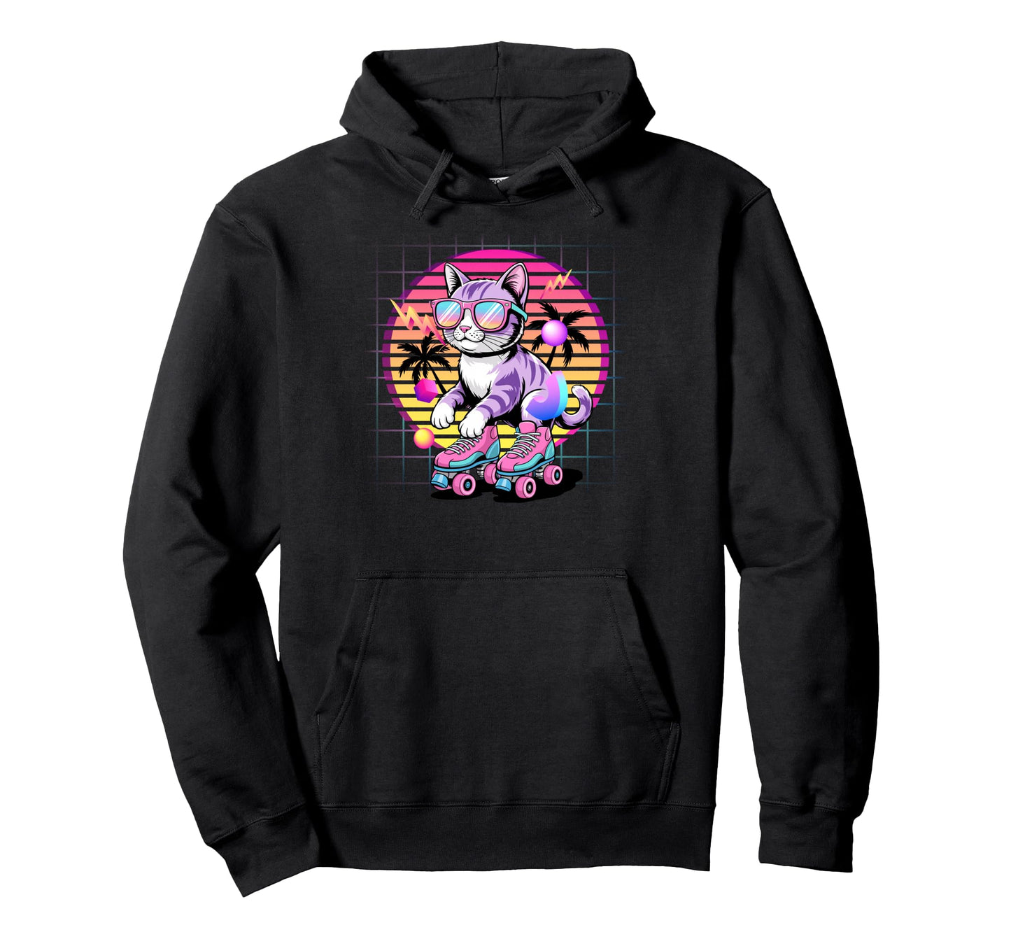 Synthwave Cat Roller Skates 80S Hoodie - Novelty Apparel for Adults