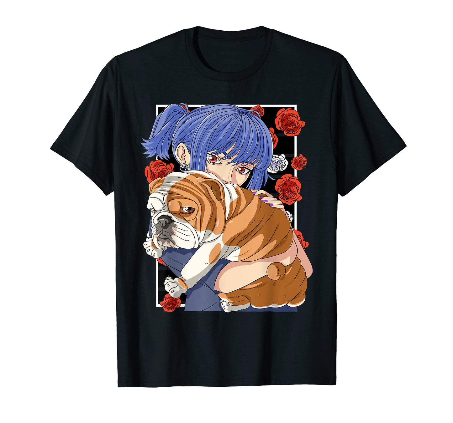 Funny English Bulldog Anime Goth T-Shirt - Streetwear Style for Adults