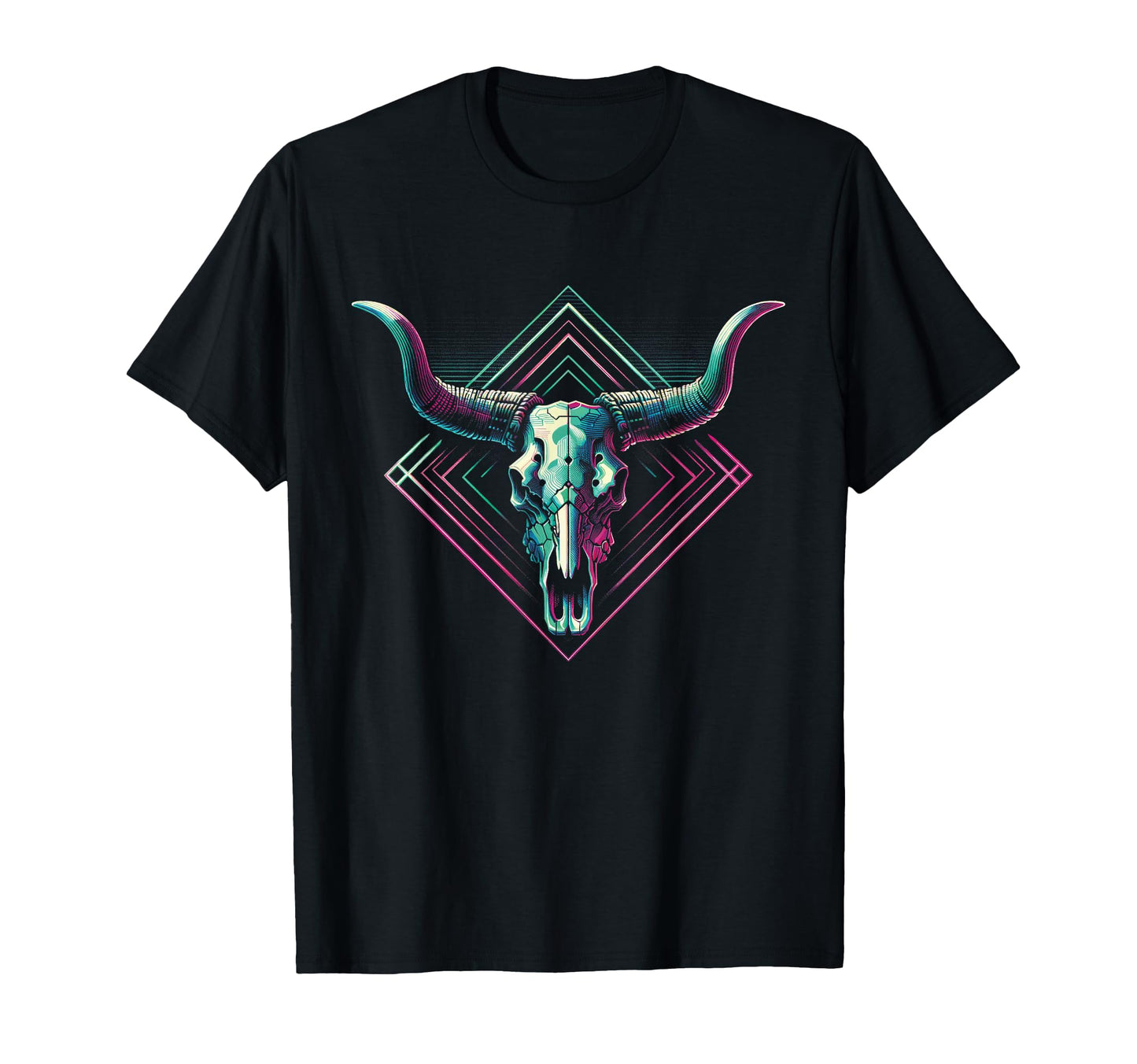 Vaporwave Longhorn Cow Cattle Skull T-Shirt - Fun Novelty Design Men Women