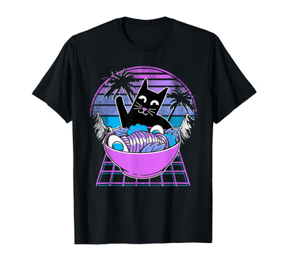 Ramen Cat Anime Retrowave Sunset 80S T-Shirt - Unique Graphic Unisex