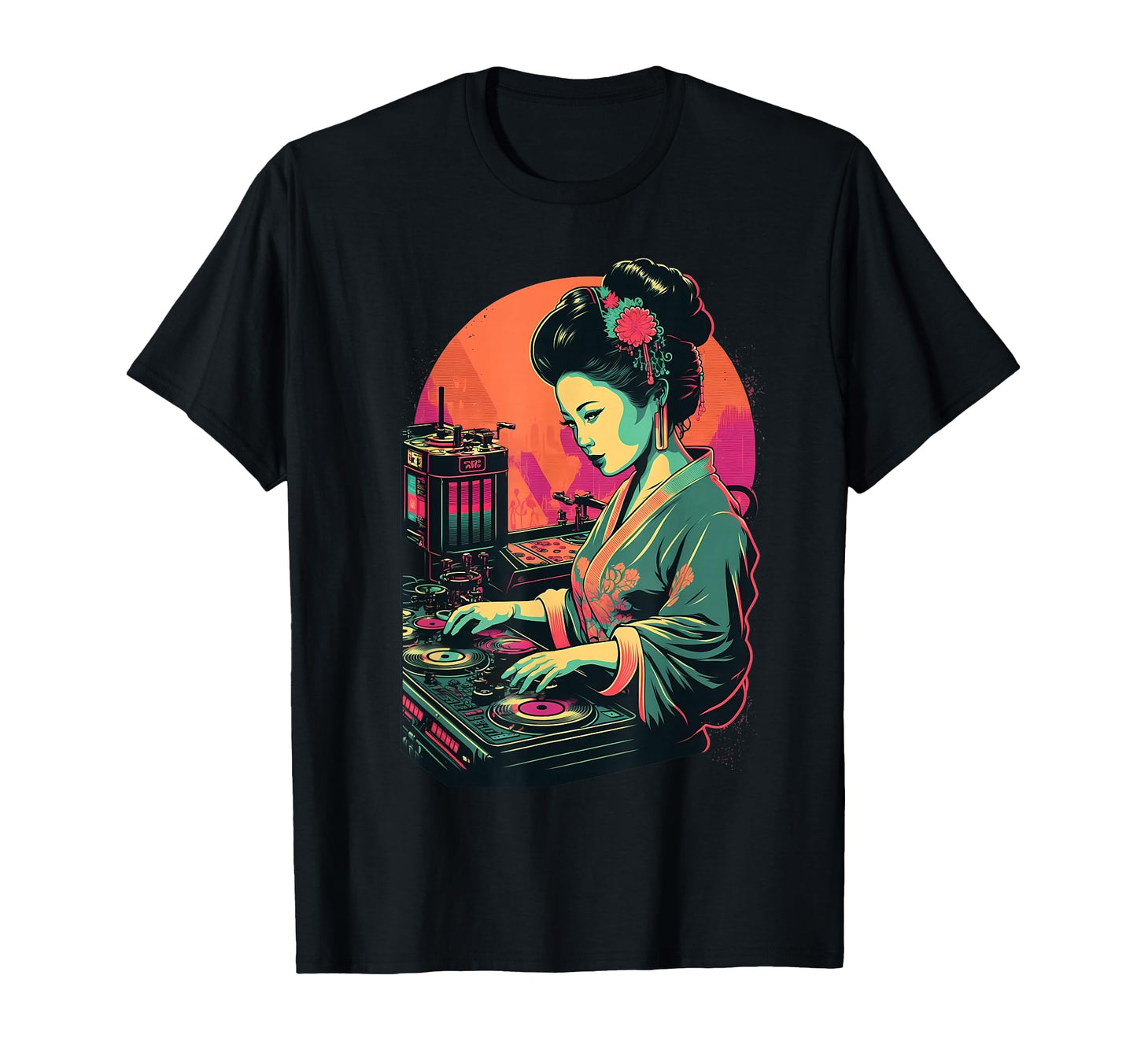 Geisha Dj Edm Japanese Kimono Vaporwave T-Shirt - Graphic Print Unisex