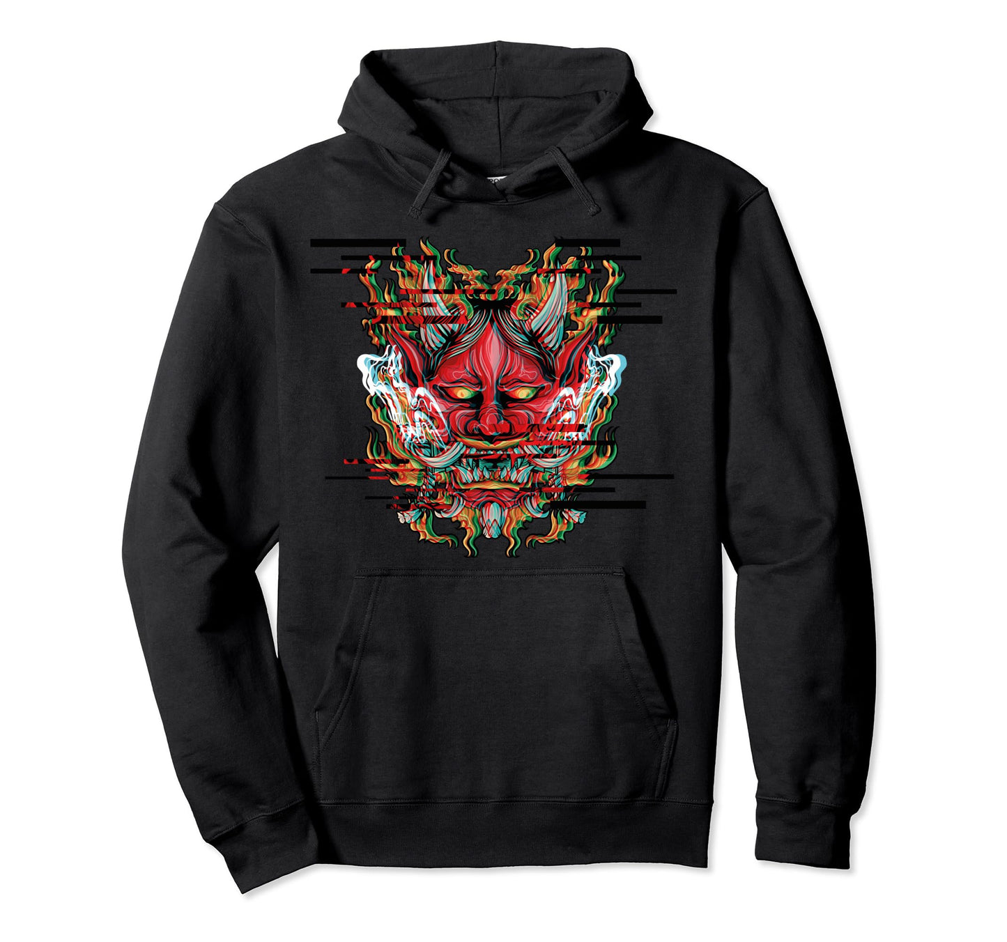 Demon Oni Mask Glitch Aesthetic Japan Hoodie - Unique Graphic for Adults