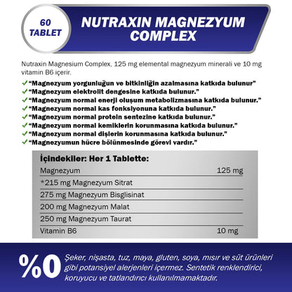 Nutraxin Magnesium Complex 60 Tablet - Comprehensive Magnesium Supplement with Vitamin B6