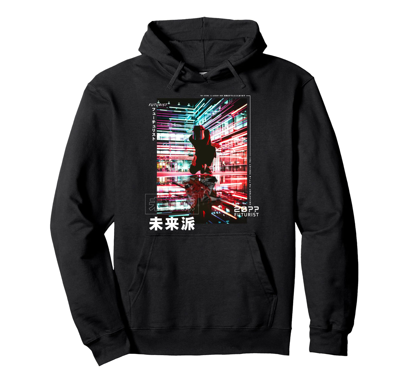 Radiant Futuristic Cyberpunk Japanese Hoodie - Unique Graphic for Adults