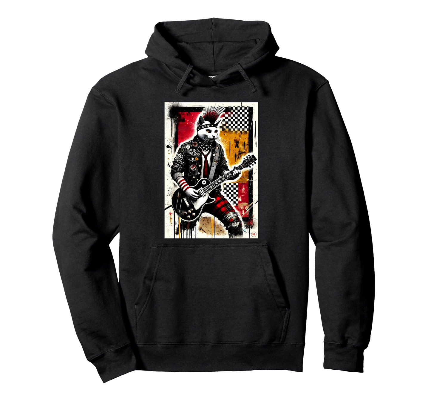 Distressed Cat Playing Guitar Punk Rock Hoodie - Novelty Apparel Unisex