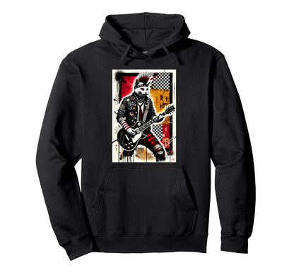 Distressed Cat Playing Guitar Punk Rock Hoodie - Novelty Apparel Unisex