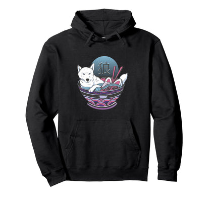 Anime Wolf Ramen Bowl Japanese Kawaii Hoodie - Graphic Print for Adults