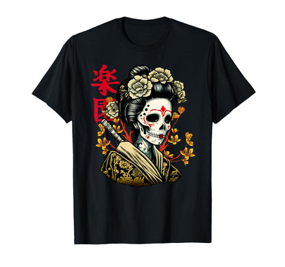 Japanese Geisha Skull Sakura Tree T-Shirt - Unique Graphic Men Women