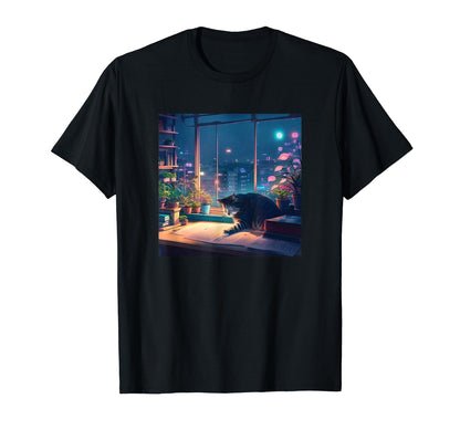 Lofi Cat Japanese Anime 90S Vaporwave T-Shirt - Custom Art Print Unisex