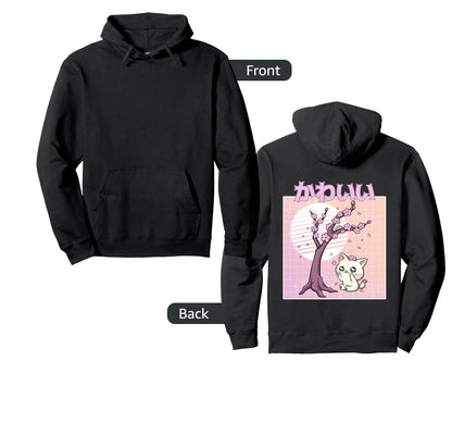 Cherry Blossom Anime Cat Kawaii Hoodie - Trendy Graphic for Adults