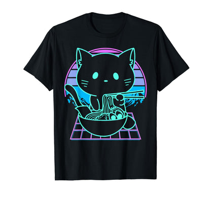 Anime Ramen Cat Japanese Noodles Vaporwave T-Shirt - Unique Graphic Unisex