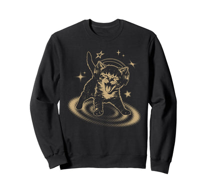 90S Y2K Cat Headphones Stars Sweatshirt - Custom Art Print for Adults