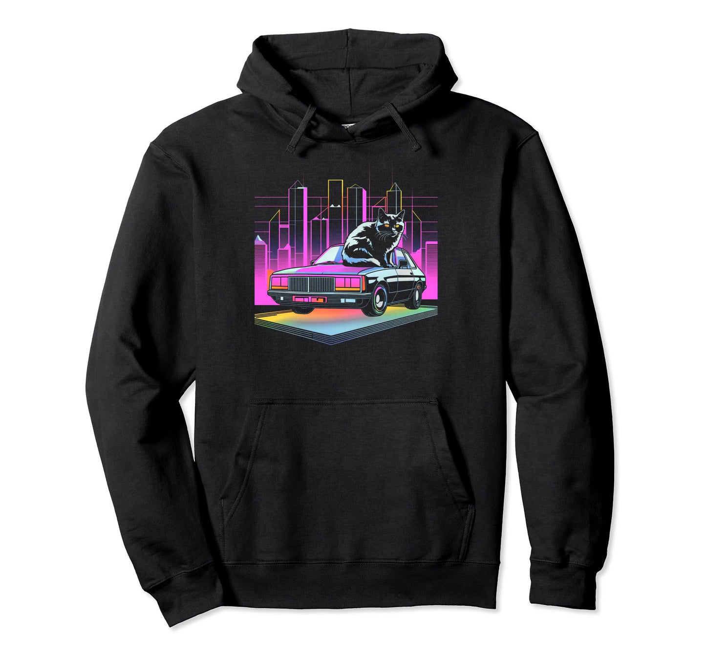 Skylines Vaporwave Aesthetic Cat Hoodie - Aesthetic Graphic for Adults