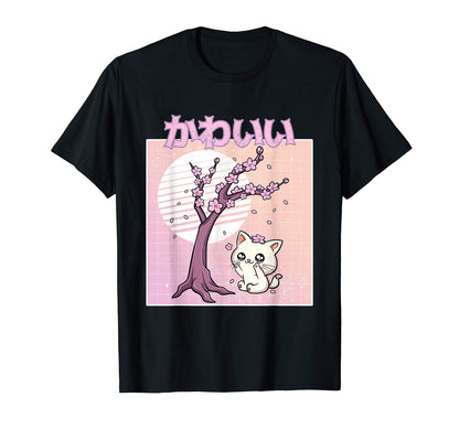 Cherry Blossom Anime Cat Kawaii Vaporwave T-Shirt - Trendy Graphic Unisex
