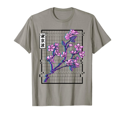Cherry Blossom Glitch Pastel Japan T-Shirt - Minimalist Print for Adults