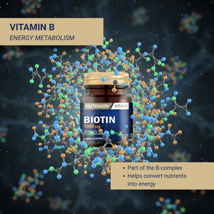 Nutraxin Biotin 5000mcg Supplement - 30 Tablets for Hair, Nail & Skin Health