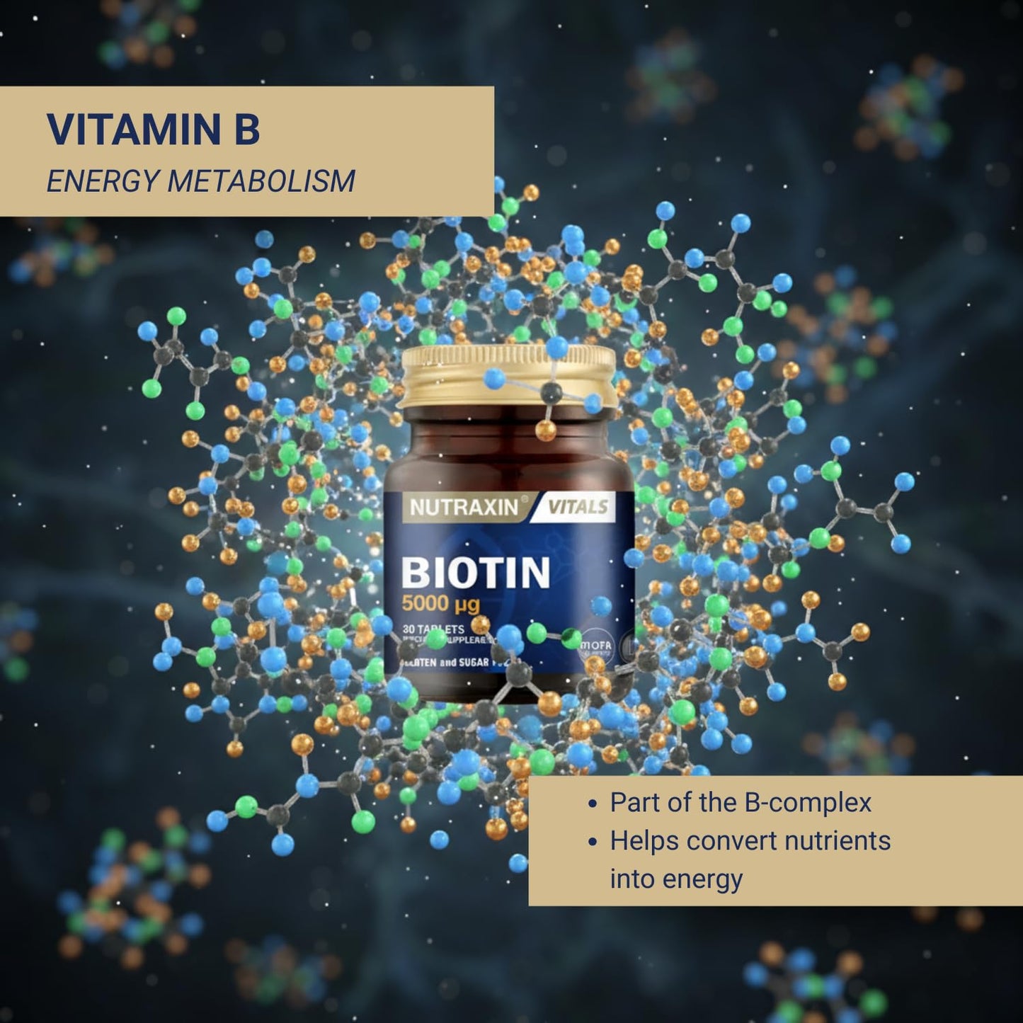 Nutraxin Biotin 5000 mcg Dietary Supplement for Hair, Skin, and Nail Health - 30 Tablets, Vegan & Gluten-Free