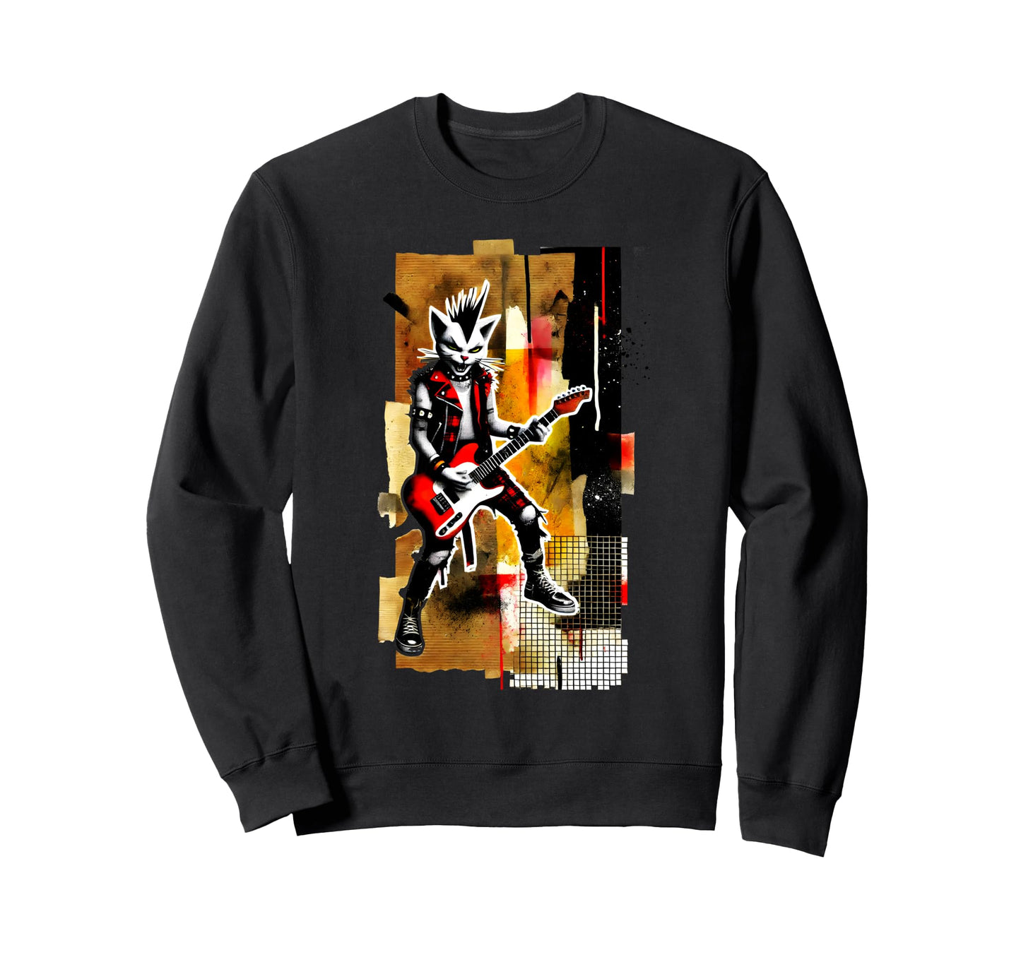 Distressed Cat Playing Guitar Punk Sweatshirt - Unique Graphic Men Women