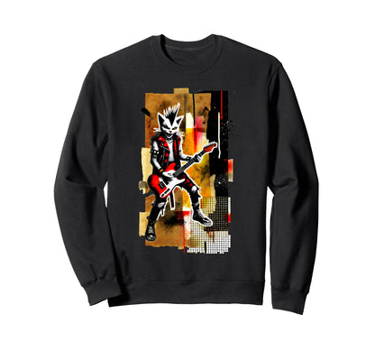 Distressed Cat Playing Guitar Punk Sweatshirt - Unique Graphic Men Women