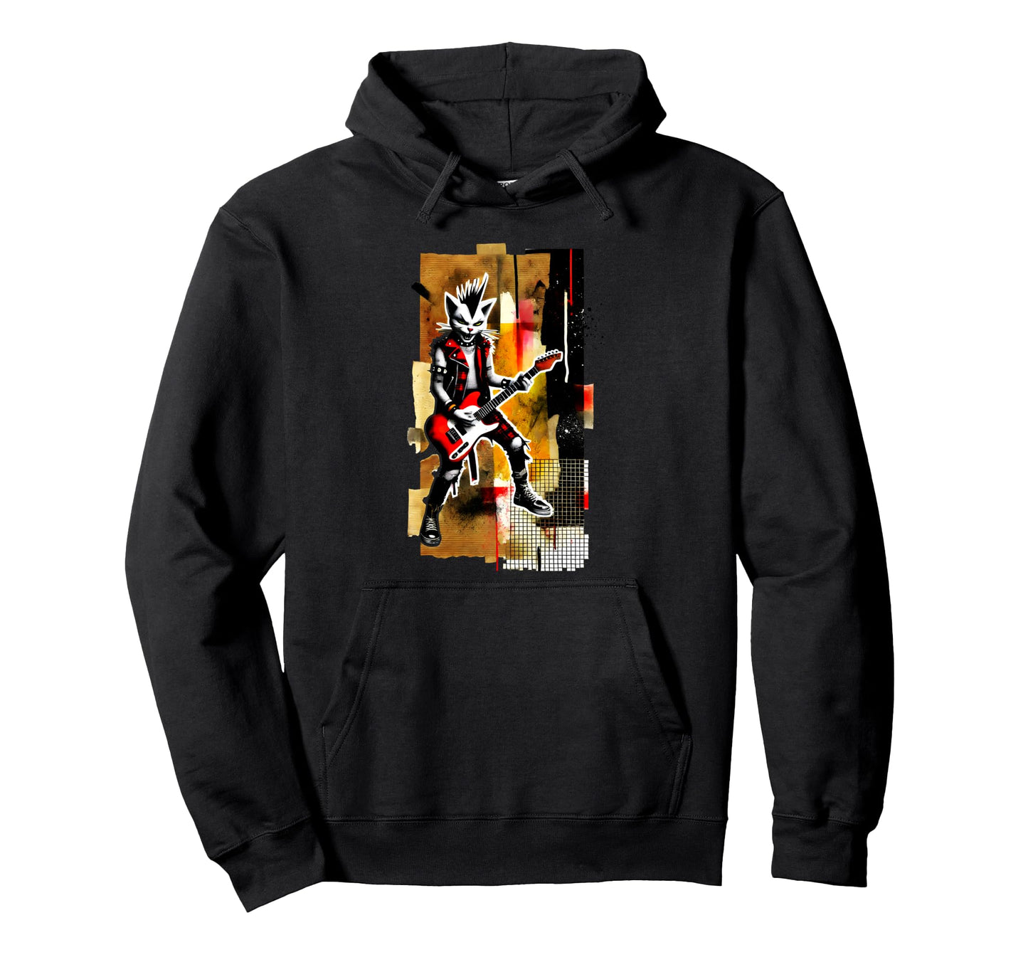 Distressed Cat Playing Guitar Hoodie - Casual Everyday Wear for Adults