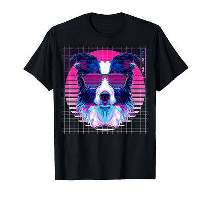 Border Collie Sunglasses Dog Vaporwave T-Shirt - Graphic Print Men Women