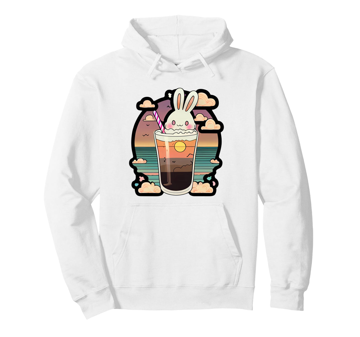 Kawaii Bunny Sunset Drink Aesthetic Hoodie - Novelty Apparel for Adults