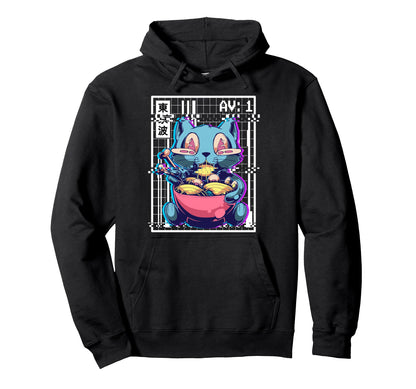 Weirdcore Cat Ramen Glitch Vaporwave Hoodie - Minimalist Print Unisex