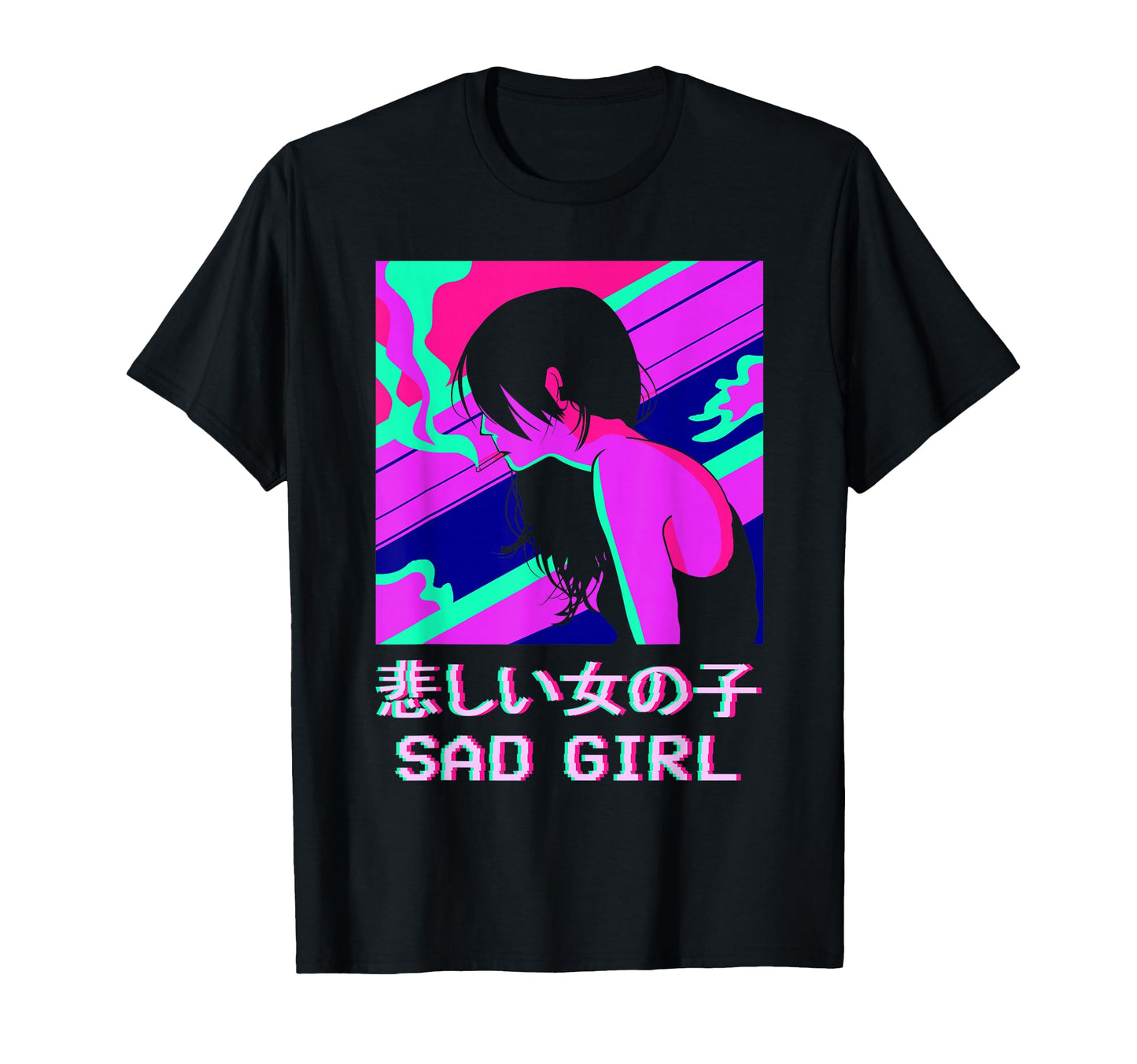 Sad Anime Japanese Vaporwave Aesthetic T-Shirt - Unique Graphic Men Women
