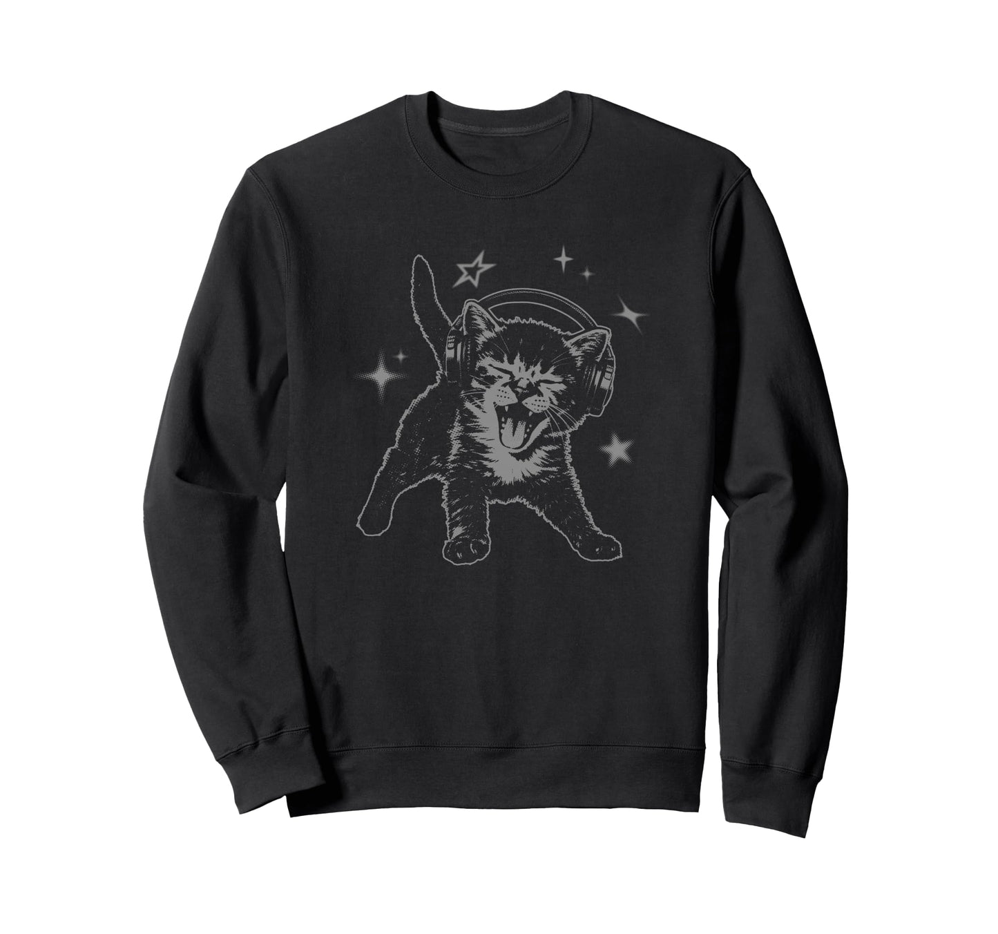 Cat Headphones Stars Silly 90S Sweatshirt - Minimalist Print Men Women