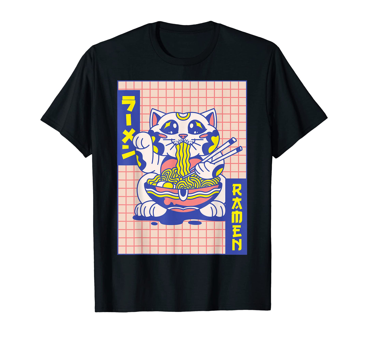 Maneki Neko Cat Ramen Noodles Japanese T-Shirt - Graphic Print Men Women