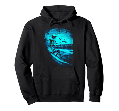 Surfing Skeleton Surfer Riding Wave Hoodie - Minimalist Print for Adults