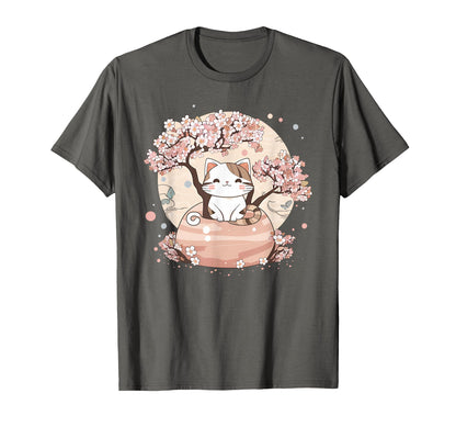 Cherry Blossom Tree Cat Japanese Aesthetic T-Shirt - Trendy Graphic Unisex