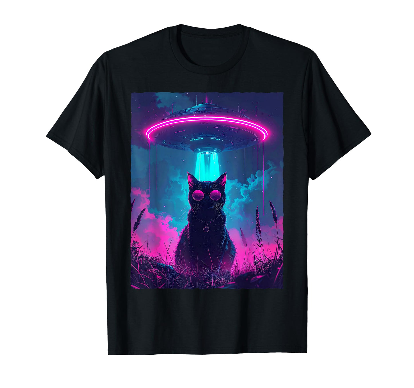 80S Synthwave Black Cat Ufo Alien T-Shirt - Aesthetic Graphic for Adults