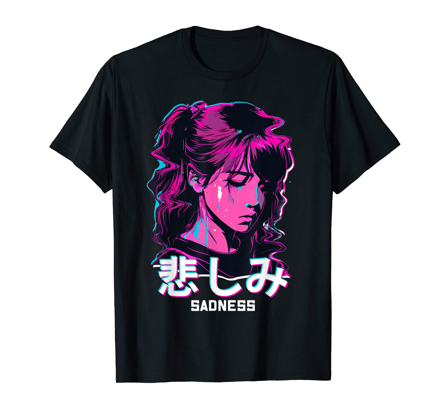 Sad Anime Glitch Art Soft Grunge T-Shirt - Unique Graphic Men Women