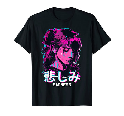 Sad Anime Glitch Art Soft Grunge T-Shirt - Unique Graphic Men Women