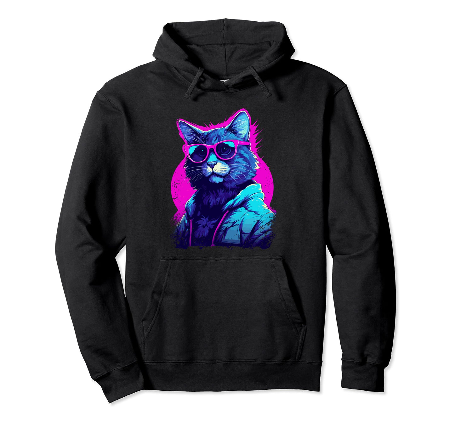 Vaporwave Aesthetic Cat Wearing Hoodie - Graphic Print Men Women