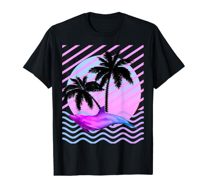 Palm Tree And Vaporwave Dolphin T-Shirt - Novelty Apparel Men Women