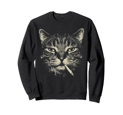 Funny Tabby Cat Smoking Cigarette Meme Sweatshirt - Graphic Print Unisex