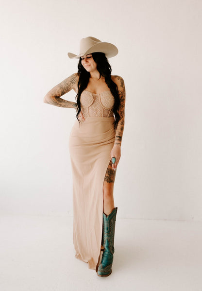 Natalia's Nude Rhinestone Slit Dress