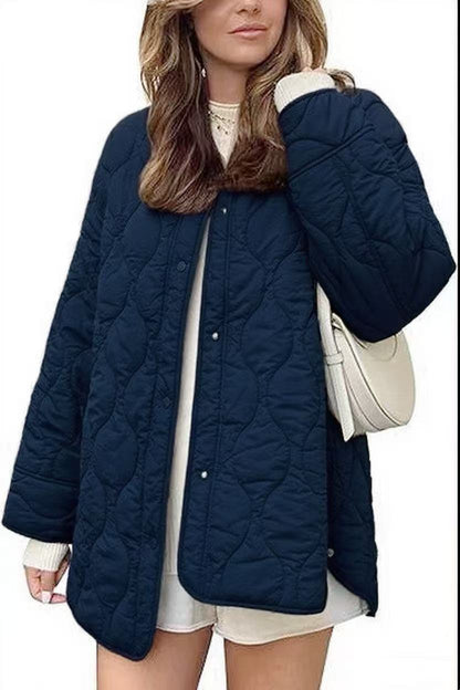 European And American Style Chic String Decoration Simple Solid Color Round Neck Loose Cotton Coat