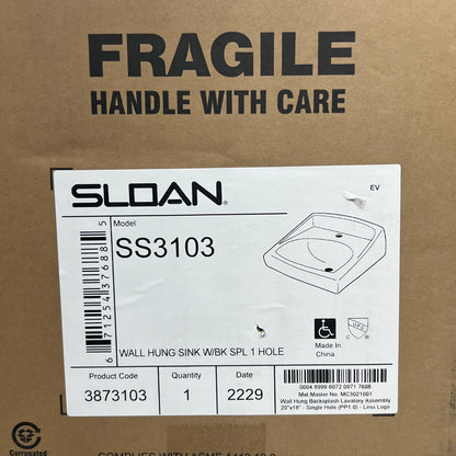 SLOAN Vitreous China Wall-Mounted Backsplash Lavatory Sink White SS3103