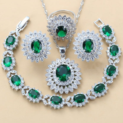 Garnet Cubic Zirconia Earrings Pendant Necklace Bracelet Ring Gift 4 PCs Set