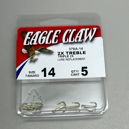 EAGLE CLAW (5 PACK) Curved Point 2X Treble Hook Lure Repla Gold #14 5pc 376A-14