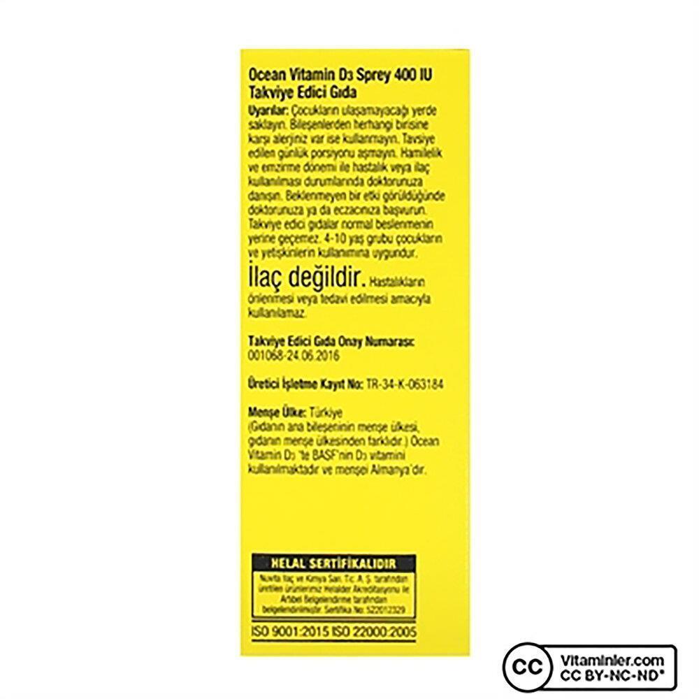 Ocean Vitamin D3 400 IU Spray Supplement - 20ml Olive Oil Based for Bone Health