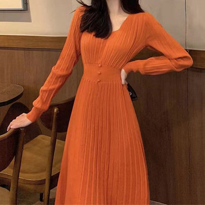 High-waisted Dress With V-neck Long Sleeve For Women