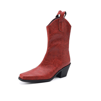 Retro Square-toe V-cut Mid-calf Boots With Chunky Heels