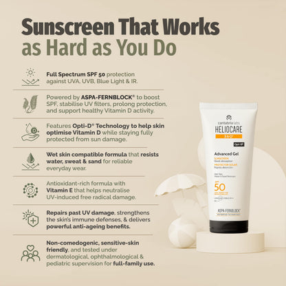 Heliocare Advanced Gel SPF 50 Sunscreen - Natural, Antioxidant, Non-Greasy Face Protection for All Skin Types