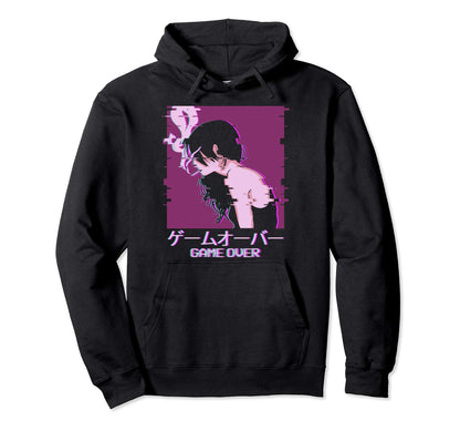 Japanese Vaporwave Sad Anime Game Hoodie - Minimalist Print for Adults