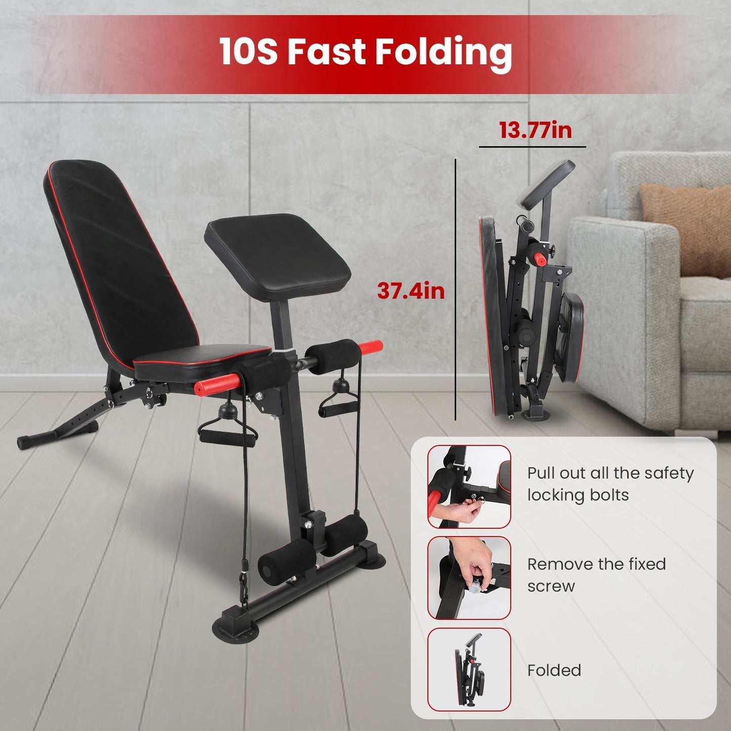 1Pc  Adjustable Weight Bench With Preacher Curl Pad Resistance Bands Leg Extension For Home Gym Full Body Exercise Fedex Shipping